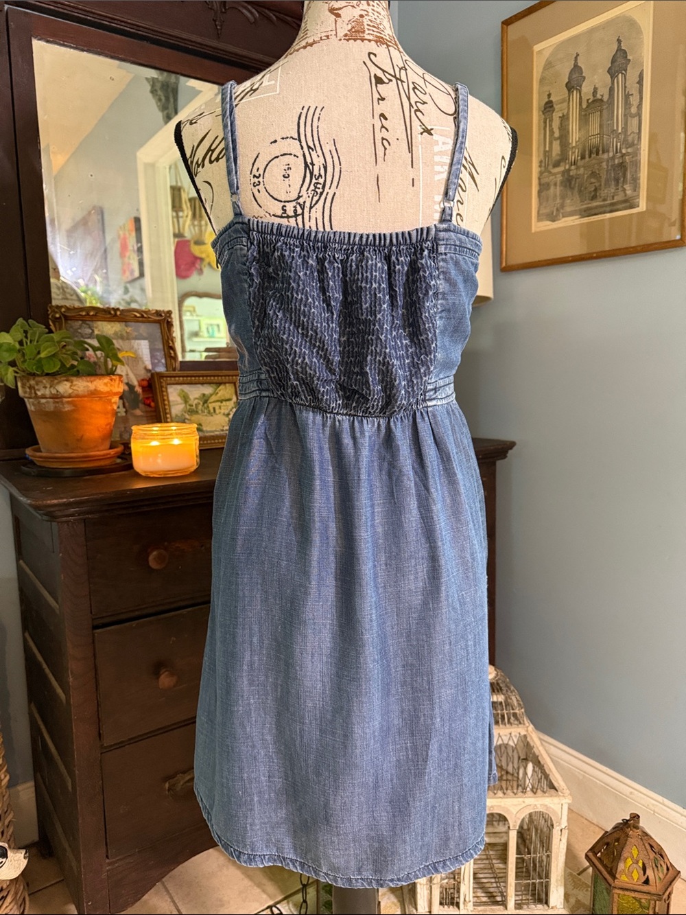 American Eagle Outfitters Chambray Blue Smocked Pocket Sundress - Picture 7 of 14